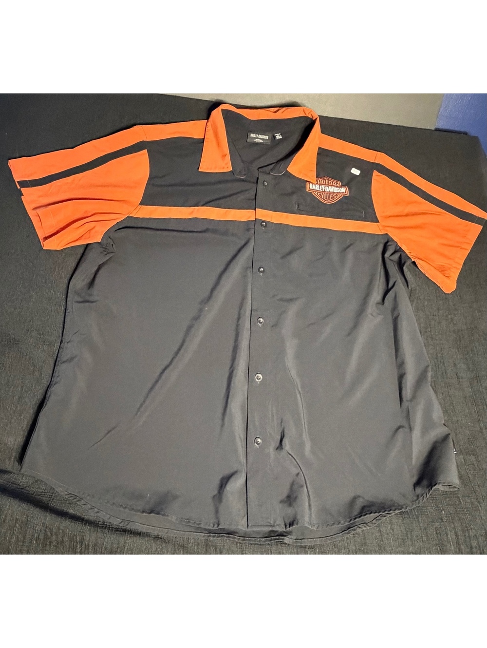 Harley-Davidson Men's Short Sleeve Button-Up Work Shirt Black and Orange 3XL